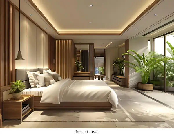 A bedroom with a large bed, a sitting area, and a balcony with plants.