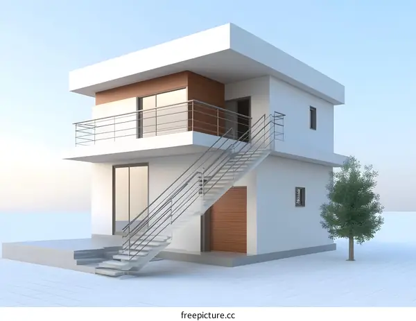 Modern Minimalist House Exterior Design with Stairs and Balcony