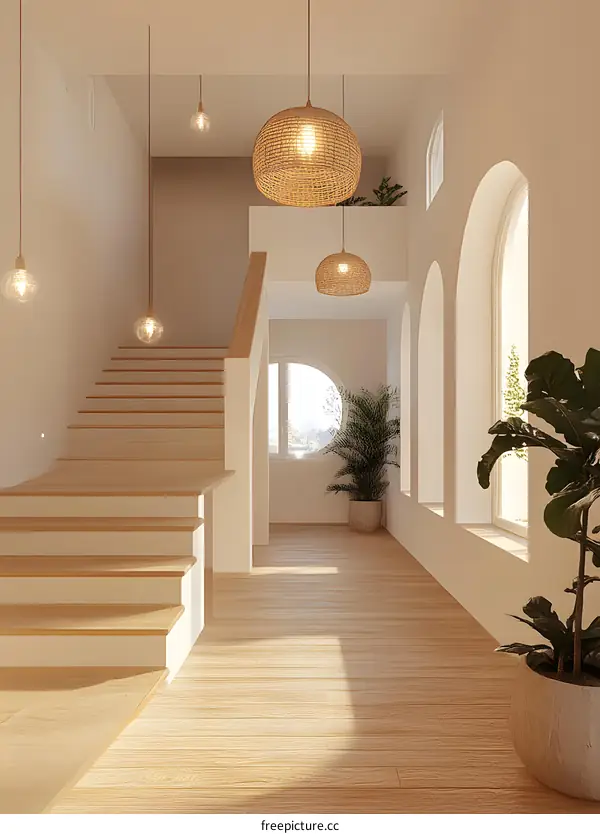 Minimalist Staircase with Wicker Pendant Lights