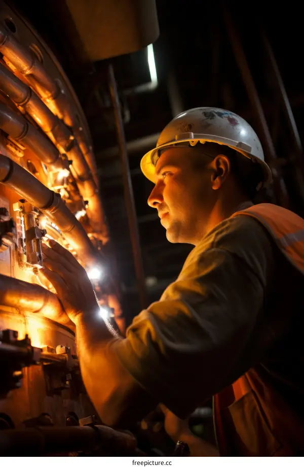 Industrial worker inspecting machinery in a factory