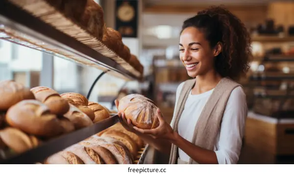 Smiling woman holding a loaf of bread in a bakery