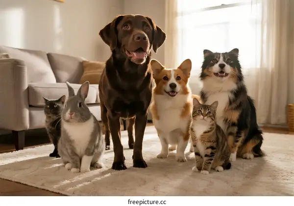 A group of various pets including dogs and cats in a cozy indoor setting