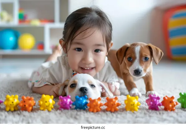 A smiling Asian girl playing with two puppies
