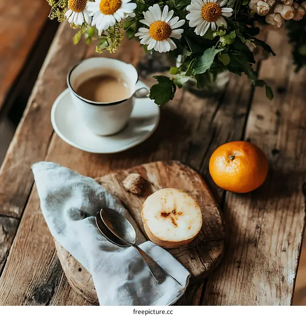 Still Life Photography with Coffee, Fruit, and Flowers