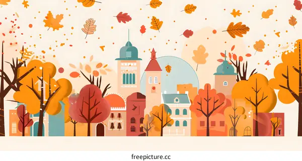 Autumn Cityscape with Falling Leaves Illustration