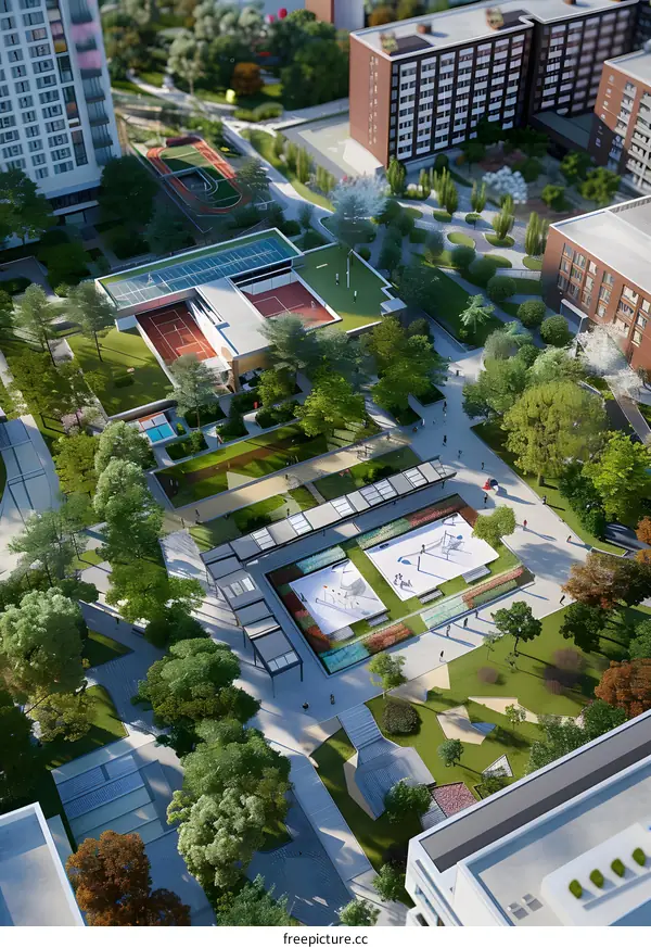 Aerial View of Modern Residential Complex with Green Spaces and Recreational Facilities