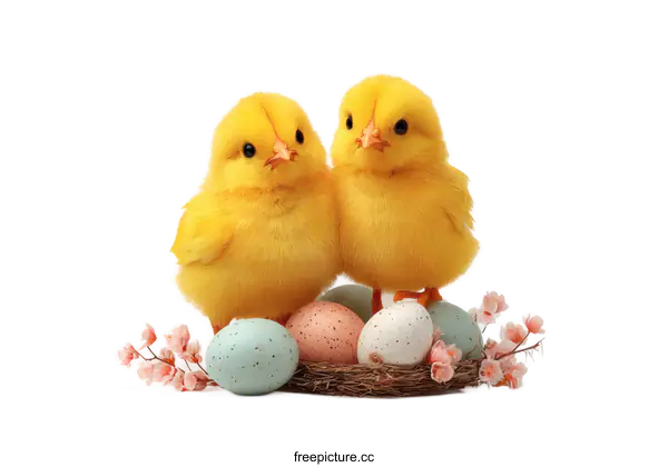 [Transparent Background PNG]Two Cute Baby Chicks on Easter Eggs