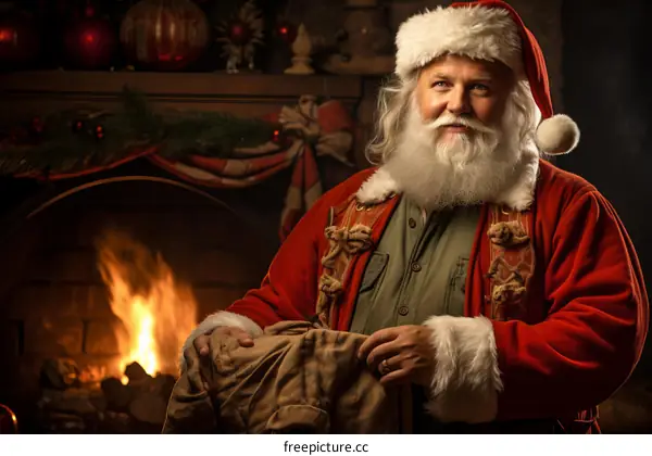 Santa Claus in front of a fireplace