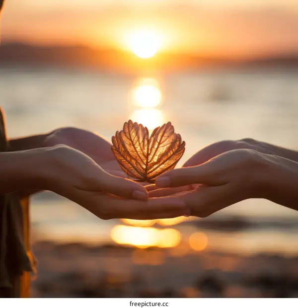 Two hands holding a heart-shaped leaf at sunset