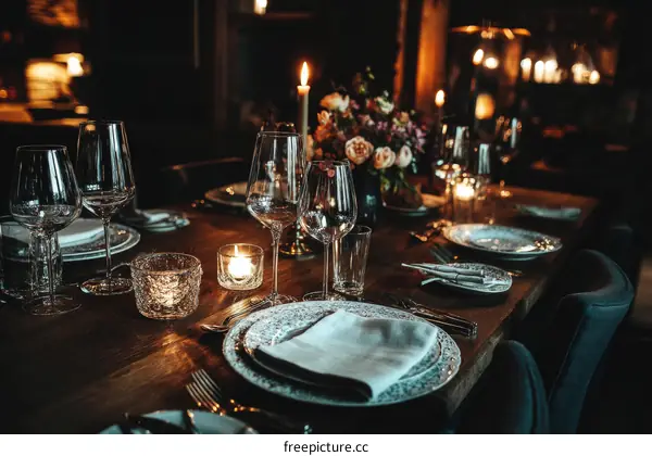 Elegant Dinner Table Setting in a Dark Room