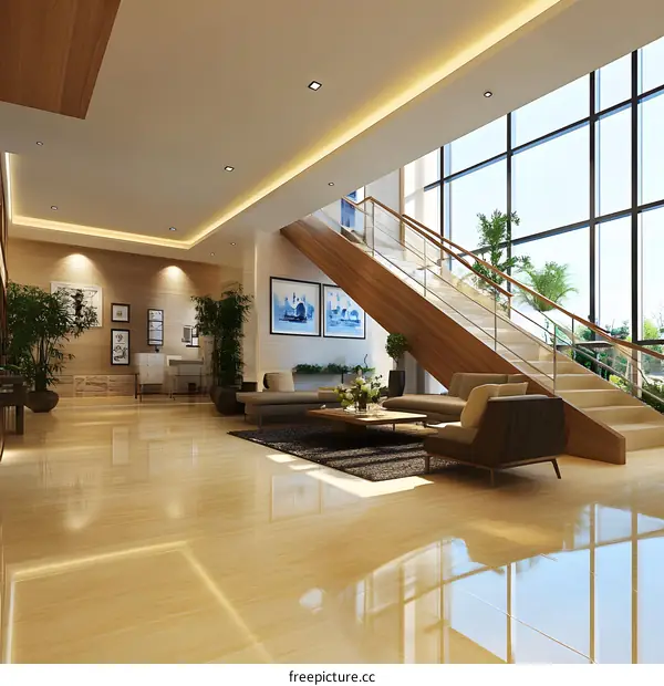 Modern Interior Design With Wooden Stairs and Large Windows