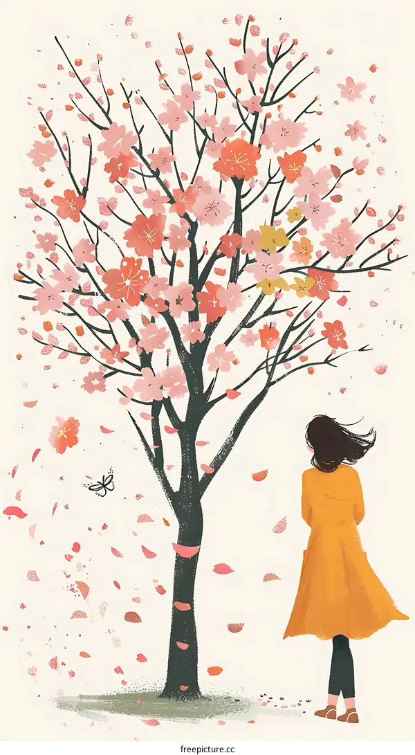Woman Standing Near a Cherry Blossom Tree With Pink Petals Falling