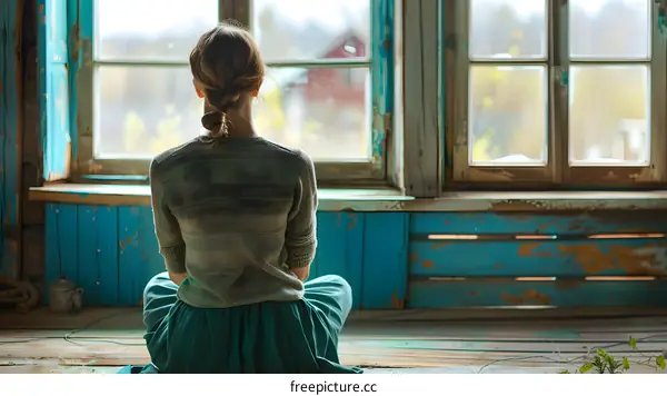 girl sitting back to camera in rustic house