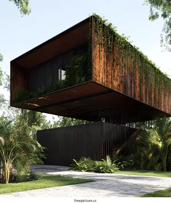 Modern Minimalist House With Rusted Metal Siding And Greenery