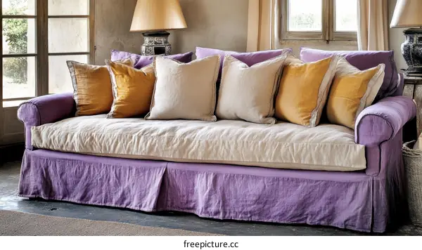 Luxurious Purple Linen Sofa with Cushions