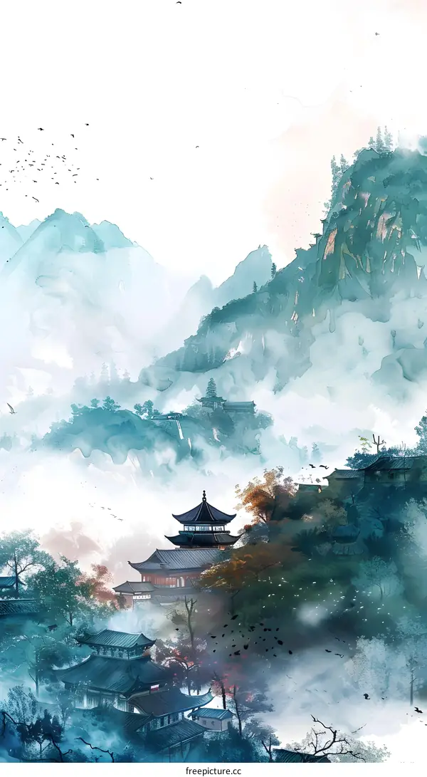 Watercolor Painting of Chinese Landscape with Mountains and Buildings