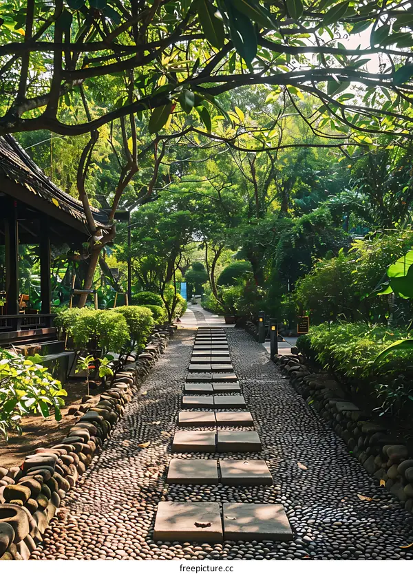 Stone Path through Lush Green Garden with Trees