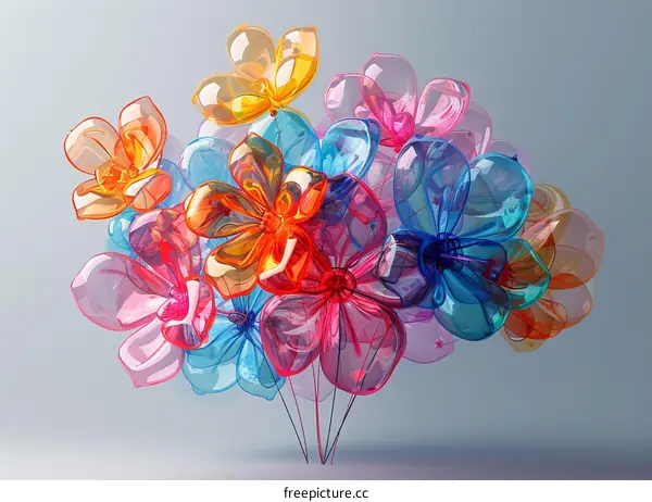 3D rendering of a bouquet of colorful transparent flowers