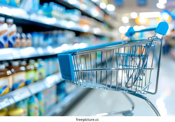 Shopping Cart in Supermarket Aisle