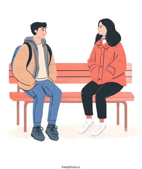 Two People Sitting on a Bench, Chatting and Smiling