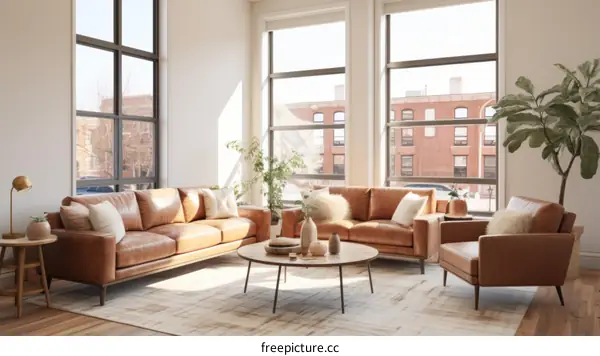 Spacious and Modern Living Room with Leather Sofa and Plants