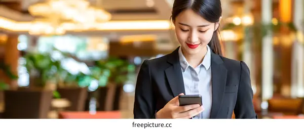 Businesswoman Using Smartphone in Hotel Lobby