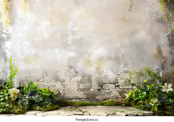 Old Weathered Brick Wall with Moss and Plants