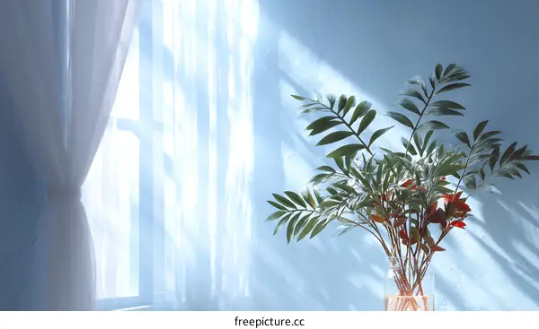 Sunlight Streaming Through Sheer Curtains  Illuminating Indoor Plants