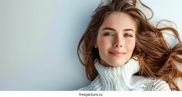 portrait of a beautiful young woman with long brown hair wearing a white sweater