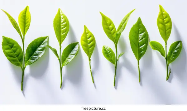 Fresh green tea leaves on white background