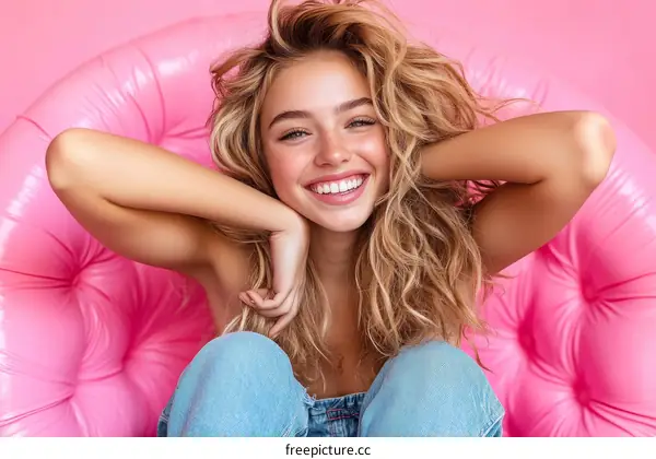 Young Woman Smiling in Pink Inflatable Chair