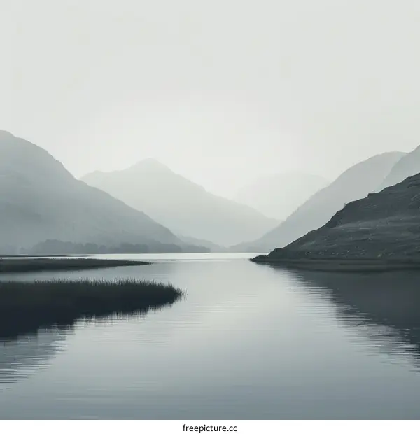 Black and white photo of mountains and lake