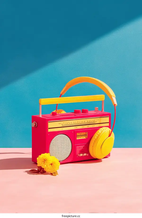 Retro Boombox with Headphones and Flowers