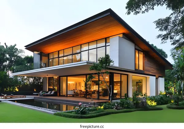 Modern House with Pool and Garden in Twilight