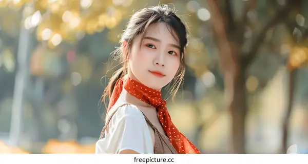 Young Asian Woman in a Red Scarf, Outdoor Portrait