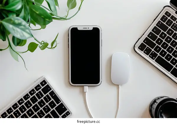Minimalist Flat Lay with Phone, Laptop, Mouse, Keyboard and Camera Lens