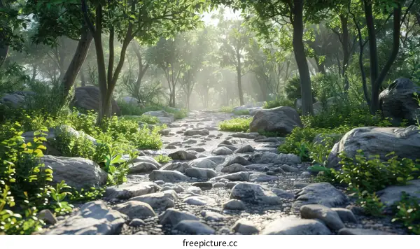 Nature stones path in forest with trees and sunlight