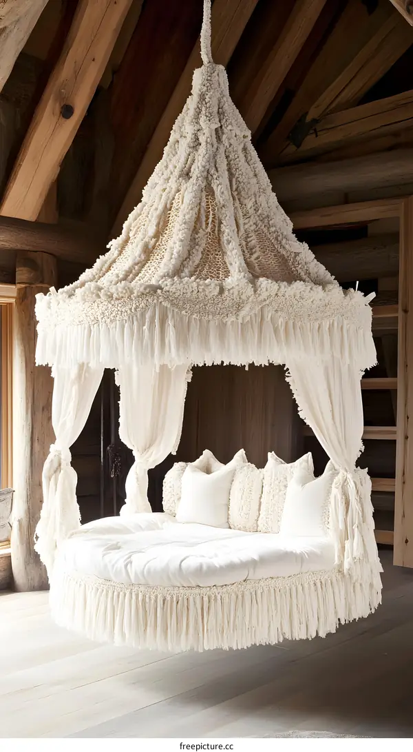 Round Hanging Bed with White Canopy in Rustic Wooden Cabin