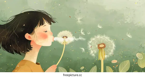 Little girl blowing dandelion flower