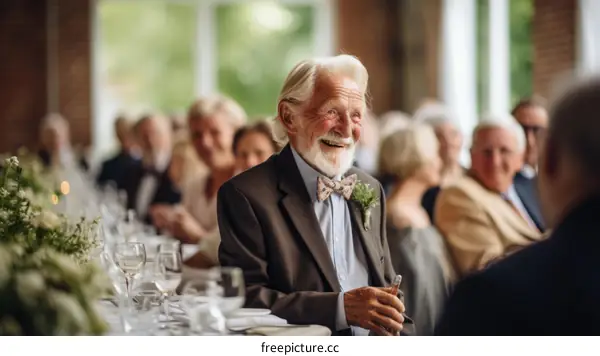 An elderly man with a long white beard is sitting at a table and smiling.