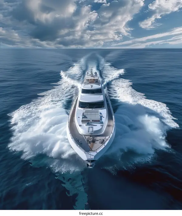 A luxury yacht is moving fast on the sea, with a lot of water splashing around it