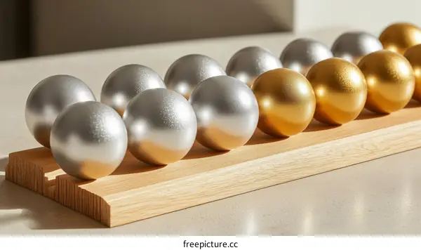 Elegant Silver and Gold Balls Displayed on a Wooden Plank