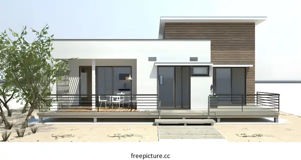 Modern Minimalist House Design with Wooden Deck and Balustrade