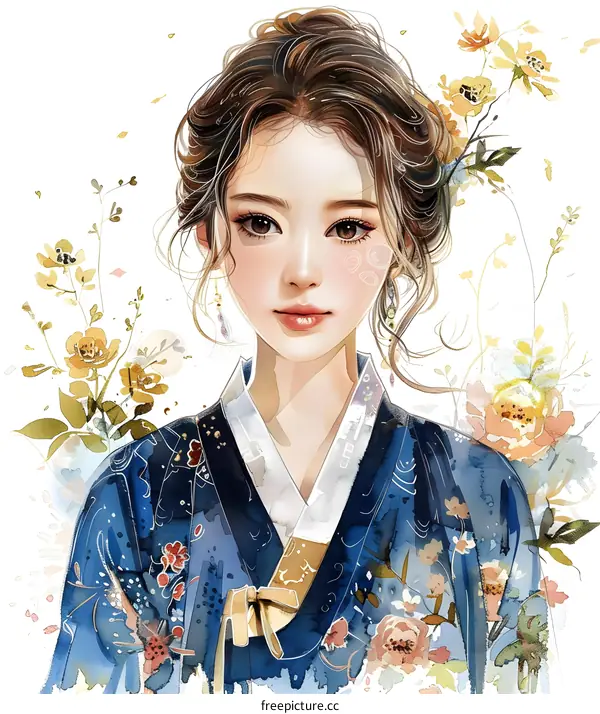 A beautiful Korean woman in a traditional hanbok dress with yellow flowers