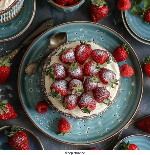 A Strawberry Cake with Blue Plate and a Cup of Tea