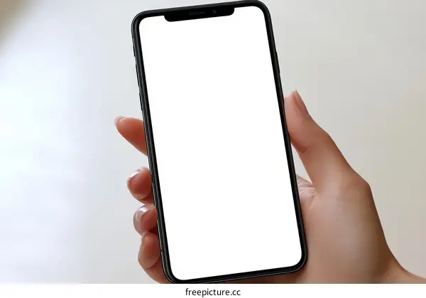 Smartphone held by a hand with blank screen