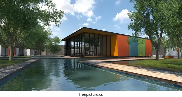Modern Architecture Building with Pool and Green Trees