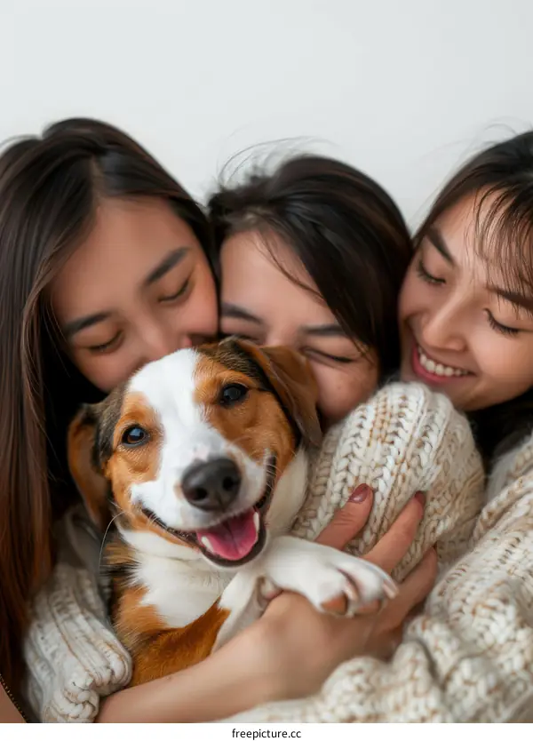 Three young Asian women with a small dog