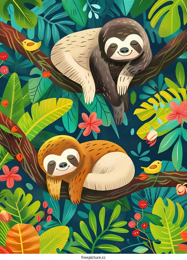 Two Cute Sloths Sleeping in the Jungle