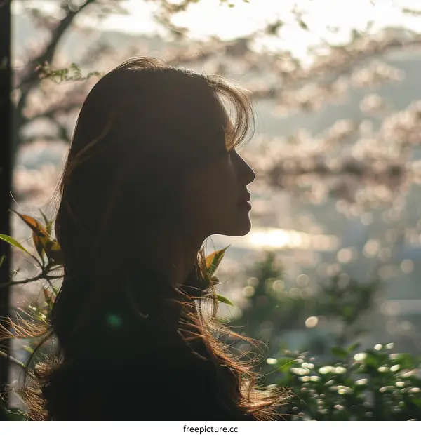 Portrait of a young woman in front of a cherry blossom tree
